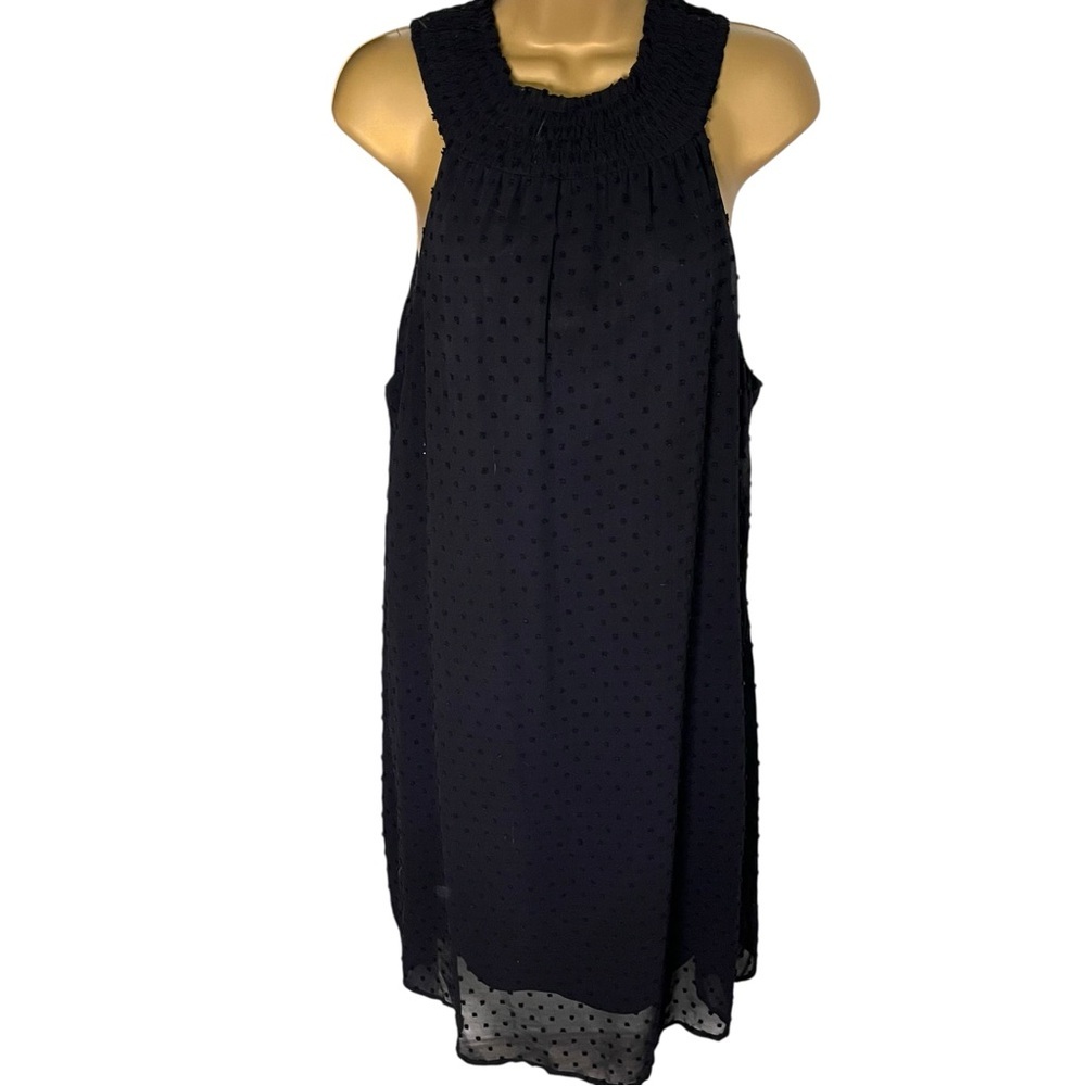 Cupio Shift Dress Smocked Neck Swiss Dot Chiffon Overlay Black L
